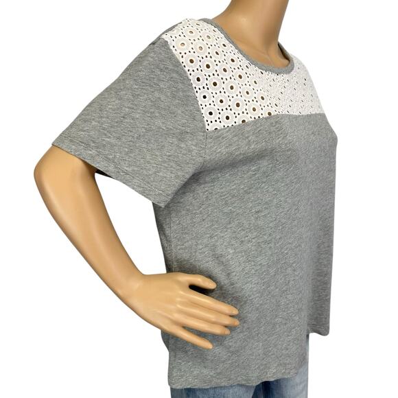 2/$15 J. Crew Eyelet Yoke Cotton Top Gray White Short Sleeve AO921 Size XL - Picture 3 of 8